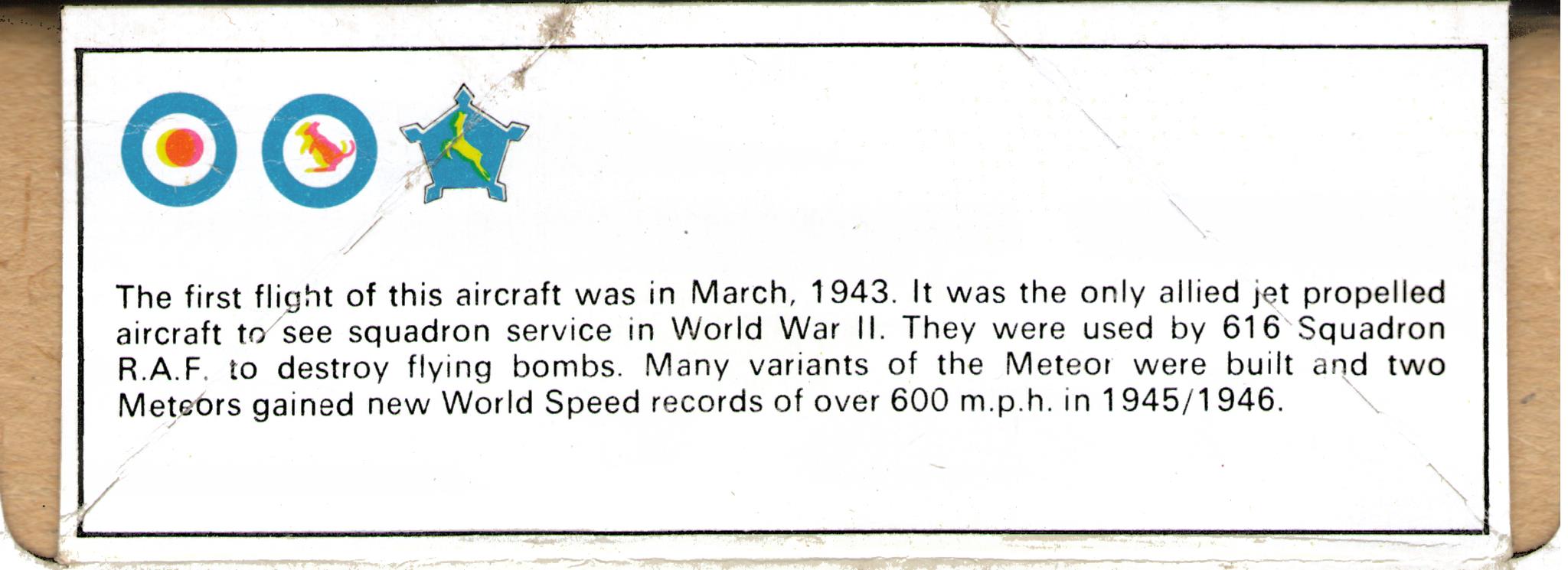 FROG F200 Gloster Meteor F.Mk.IV Interceptor fighter, 1970, multilingual short history of the Meteor fighter on the side of the box's base
